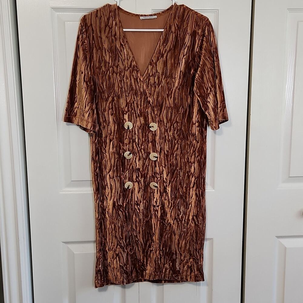 Zara Trafaluc Copper Brown Crushed Velvet Double Breasted Mini‎ Dress Small